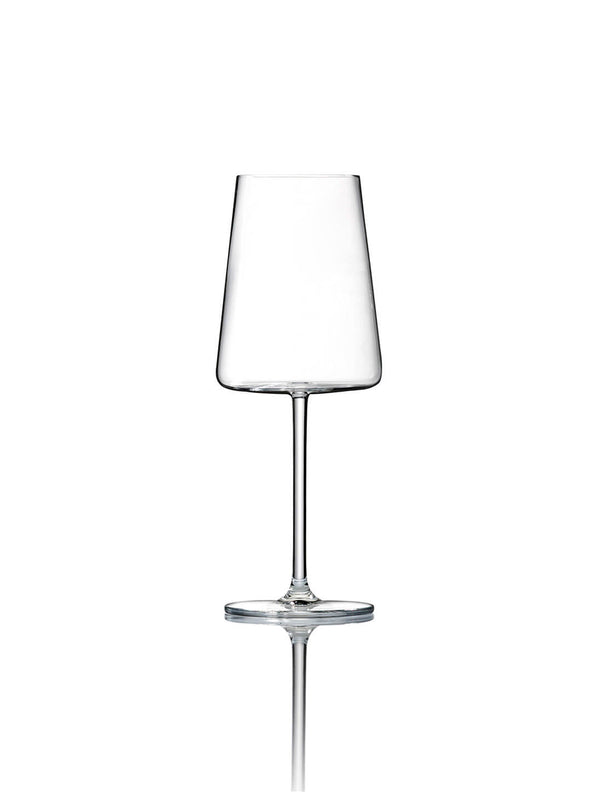 A clear, empty wine glass with a modern, angular bowl and long stem from the Lola Glassware Range, shown on a plain white background.