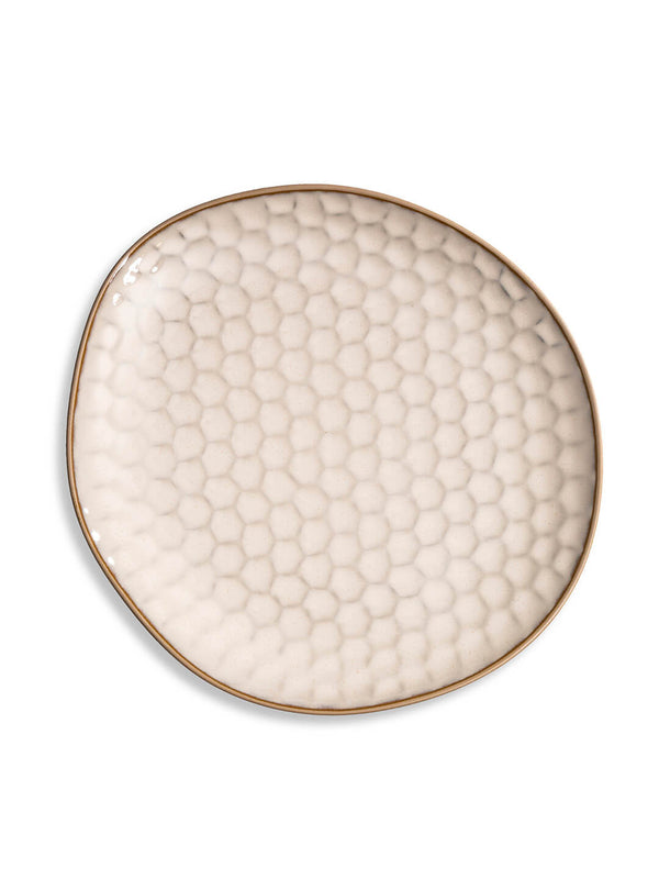 The Lorenzo Plate Range offers round ceramic plates with a honeycomb texture, light beige color, and a thin brown rim—ideal handcrafted tableware for modern rustic weddings.