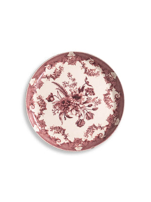 The Lucinda Rose Plate Range features round vintage plates with maroon floral patterns, intricate borders, and a central bouquet on a cream background, adding classic charm to any setting.