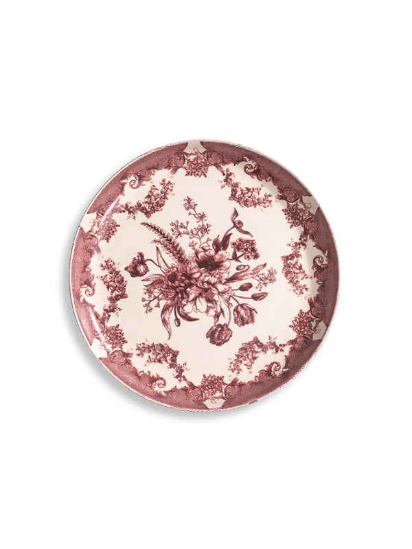 The Lucinda Rose Plate Range features round vintage plates with maroon floral patterns, intricate borders, and a central bouquet on a cream background, adding classic charm to any setting.