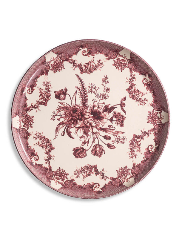 The Lucinda Rose Plate Range features a round ceramic plate with a maroon floral motif and decorative border on a cream background. Its central bouquet and ornate swirls add classic charm to your table setting.