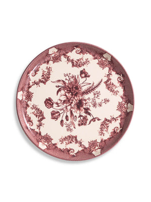 The Lucinda Rose Plate Range features a round vintage plate with a burgundy floral centerpiece and ornate border on a cream background, detailed with classic flowers and swirls for timeless charm.