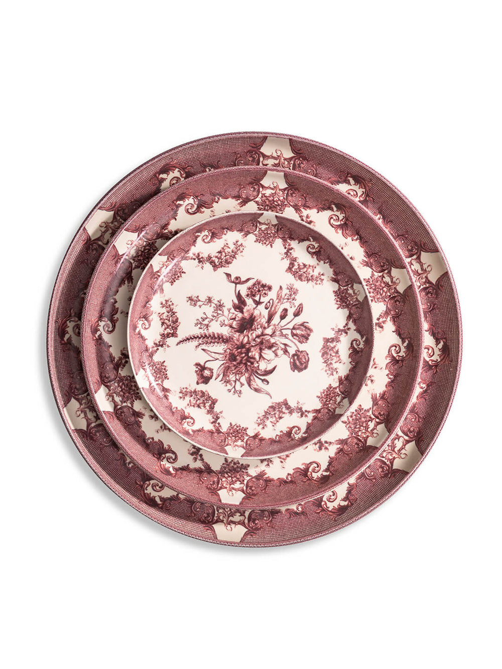 Two stacked Lucinda Rose Plate Range vintage plates display intricate burgundy floral motifs and vine patterns on white. The top plate features a central bouquet; both pieces exude classic charm with their decorative borders.