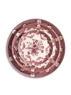 Two stacked Lucinda Rose Plate Range vintage plates display intricate burgundy floral motifs and vine patterns on white. The top plate features a central bouquet; both pieces exude classic charm with their decorative borders.