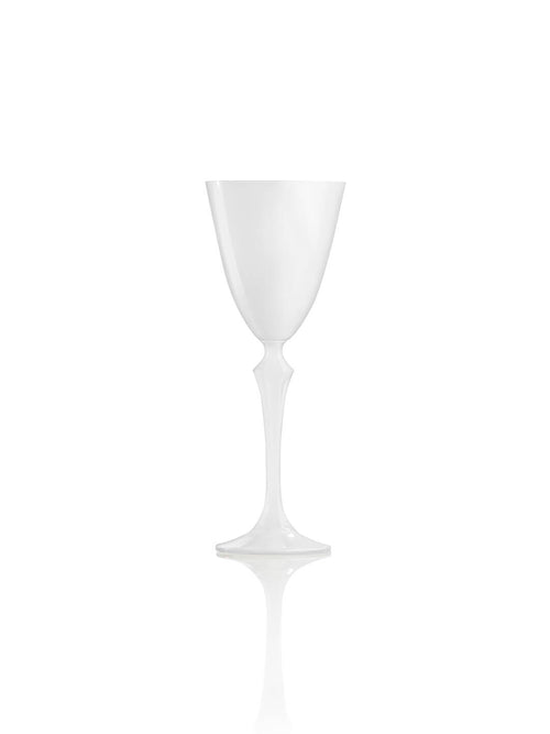 An empty white wine glass from the Mara Glassware Range stands upright on a white surface with a subtle reflection, highlighting the range's elegant minimalist design.
