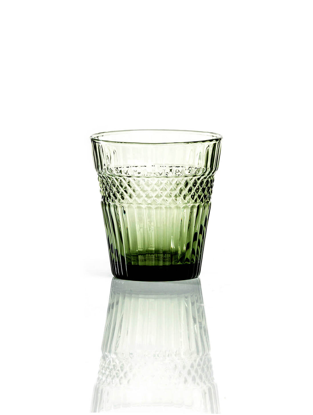 The Margot Green Tumbler features a geometric glass pattern and textured design, displayed on a white background with its reflection—ideal for rustic wedding decor.