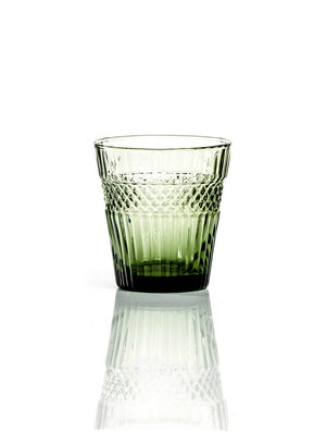 The Margot Green Tumbler features a geometric glass pattern and textured design, displayed on a white background with its reflection—ideal for rustic wedding decor.