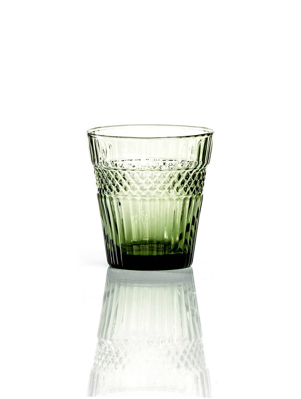The Margot Green Tumbler features a geometric glass pattern and textured design, displayed on a white background with its reflection—ideal for rustic wedding decor.