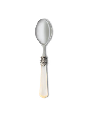 Part of the Marina Cutlery Range, this silver spoon features an ornate neck and a smooth mother-of-pearl handle, evoking antique elegance. The piece is displayed on a plain white background.