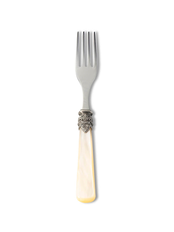 The Marina Cutlery Range features a fork with an ornate silver-toned neck and a cream mother-of-pearl handle, showcased against a plain white background.