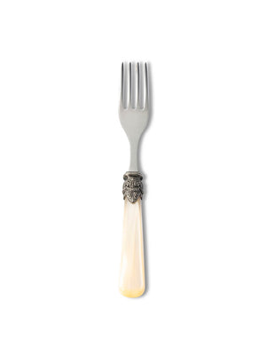The Marina Cutlery Range features a silver fork with ornate metal detailing and a glossy mother-of-pearl handle, displayed against a plain white background for an elegant, timeless appeal.