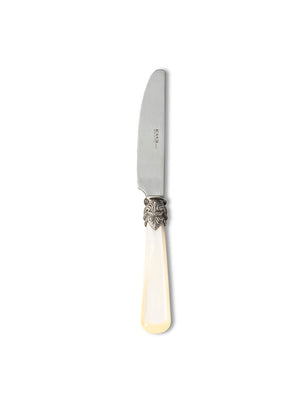 The Marina Cutlery Range butter knife features a silver blade with ornate detailing near the top and a mother-of-pearl handle, shown on a white background‚Äîan elegant addition to any vintage-inspired table setting.