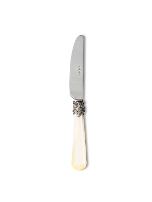 The Marina Cutlery Range butter knife features a silver blade with ornate detailing near the top and a mother-of-pearl handle, shown on a white background‚Äîan elegant addition to any vintage-inspired table setting.