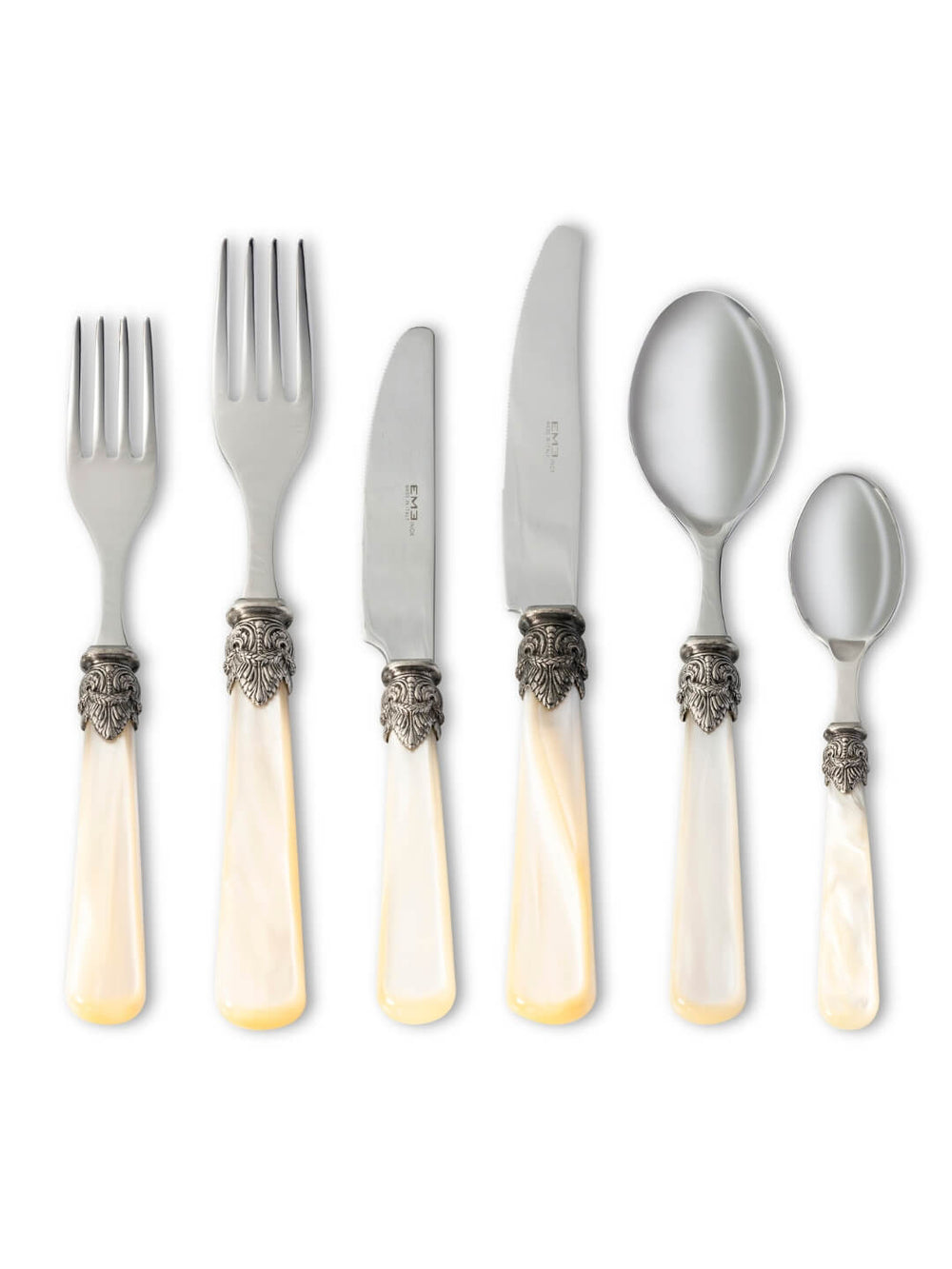 The Marina Cutlery Range is a six-piece vintage set with ornate silver detailing and mother-of-pearl handles, featuring two forks, two knives, a large spoon, and a small spoon, displayed on a white background.