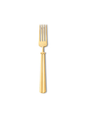 The Mete Gold Cutlery Range features a modern gold-colored metal fork with four tines and a simple, slightly tapered handle, showcased in a matte gold finish against a plain white background.