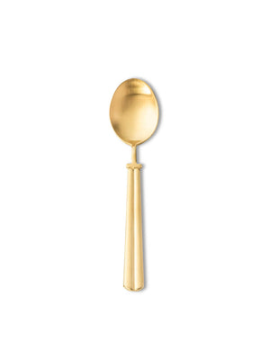 The Mete Gold Cutlery Range features a matte gold metal spoon with a round bowl and thick, tapered handle, shown against a white background‚Äîa perfect piece of modern cutlery.