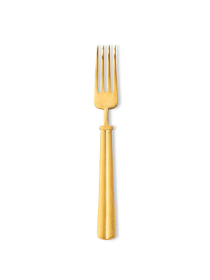 A four-tined fork with a matte gold finish and rounded handle from the Mete Gold Cutlery Range, shown vertically on a plain white background‚Äîmodern and elegant.