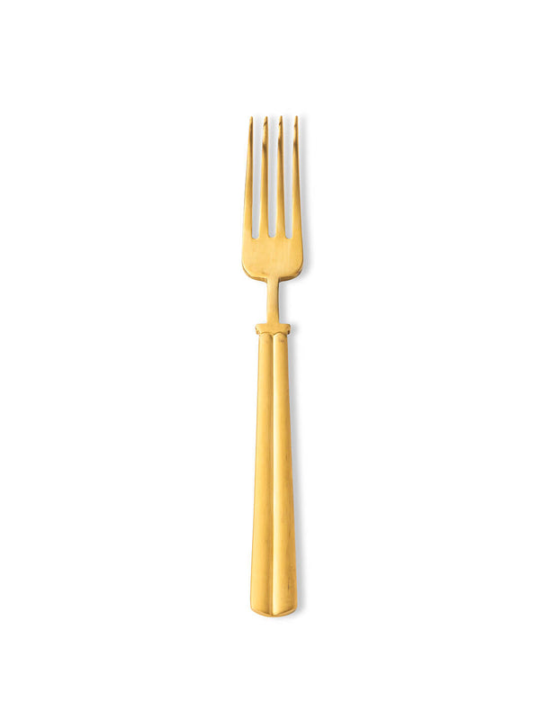 A four-tined fork with a matte gold finish and rounded handle from the Mete Gold Cutlery Range, shown vertically on a plain white background‚Äîmodern and elegant.