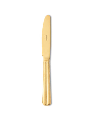 A sleek butter knife with a smooth, matte gold finish from the Mete Gold Cutlery Range, perfect for modern cutlery lovers and shown on a plain white background.
