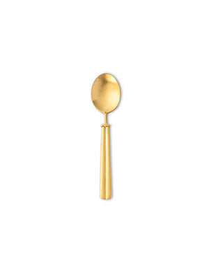 The Mete Gold Cutlery Range features a gold-colored metal spoon with a round bowl, wide tapered handle, and matte gold finish, exemplifying modern style. Shown on a plain white background.