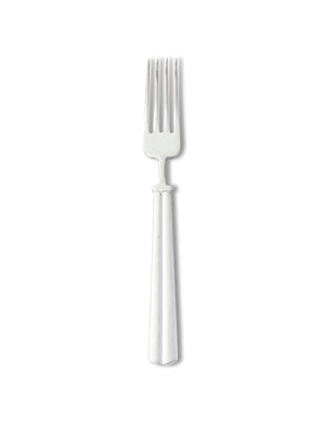 A single silver fork from the Mete Silver Cutlery Range, featuring four tines, stands upright on a plain white background.