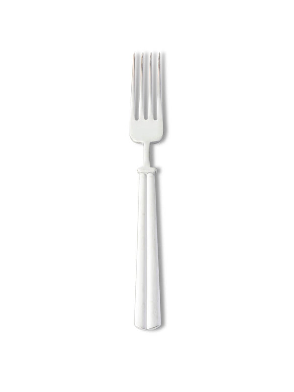 A single silver fork from the Mete Silver Cutlery Range, featuring four tines, stands upright on a plain white background.