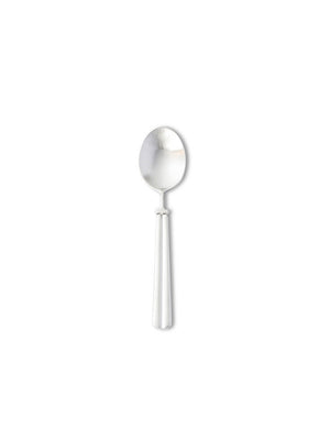 The Mete Silver Cutlery Range features a single silver spoon with a round bowl and straight handle, centered on a white background to showcase the modern classic elegance perfect for any luxury table setting.
