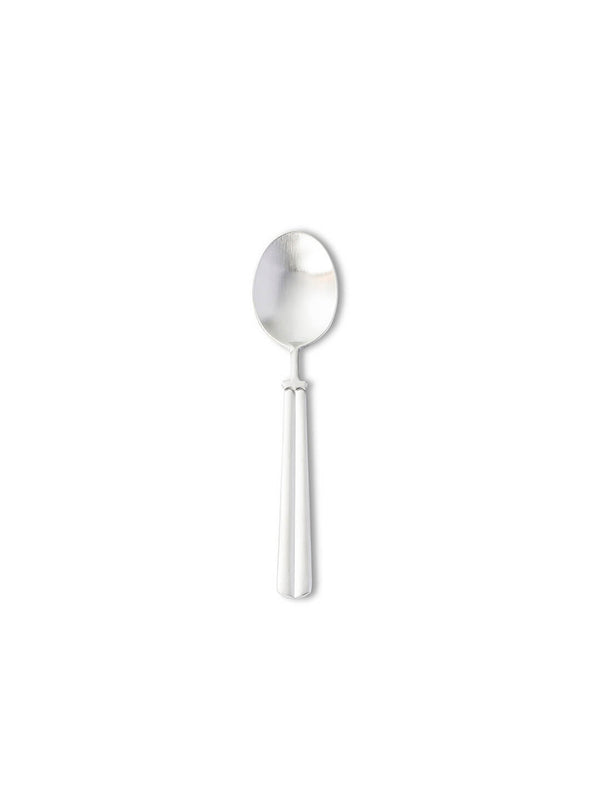 The Mete Silver Cutlery Range features a single silver spoon with a round bowl and straight handle, centered on a white background to showcase the modern classic elegance perfect for any luxury table setting.