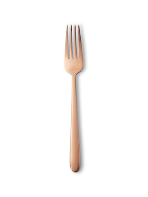 A single fork from the Mico Copper Cutlery Range, with four tines and a rose gold finish, is centered on a plain white background, highlighting minimalist modern tableware.