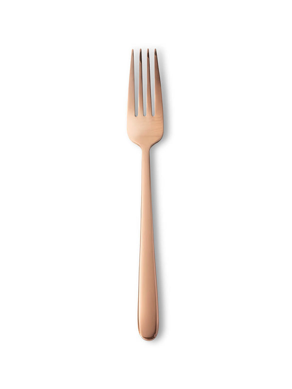 A single fork from the Mico Copper Cutlery Range, with four tines and a rose gold finish, is centered on a plain white background, highlighting minimalist modern tableware.
