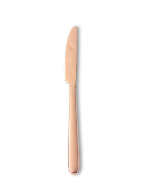 A single Mico Copper Cutlery Range butter knife with a smooth, rounded blade and polished handle adds modern style, displayed against a plain white background.