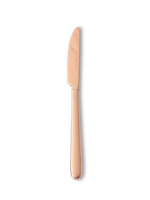 A single Mico Copper Cutlery Range butter knife with a smooth, rounded blade and polished handle adds modern style, displayed against a plain white background.