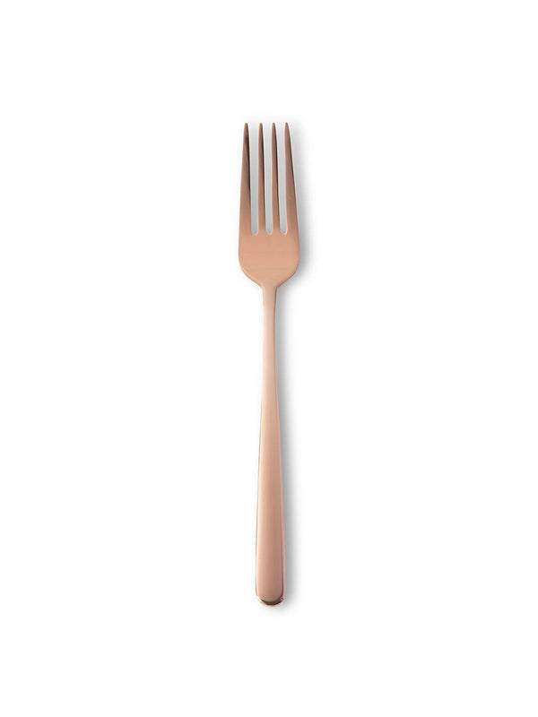 A single fork from the Mico Copper Cutlery Range, featuring a minimalist rose gold design with four tines, is centered on a plain white background.