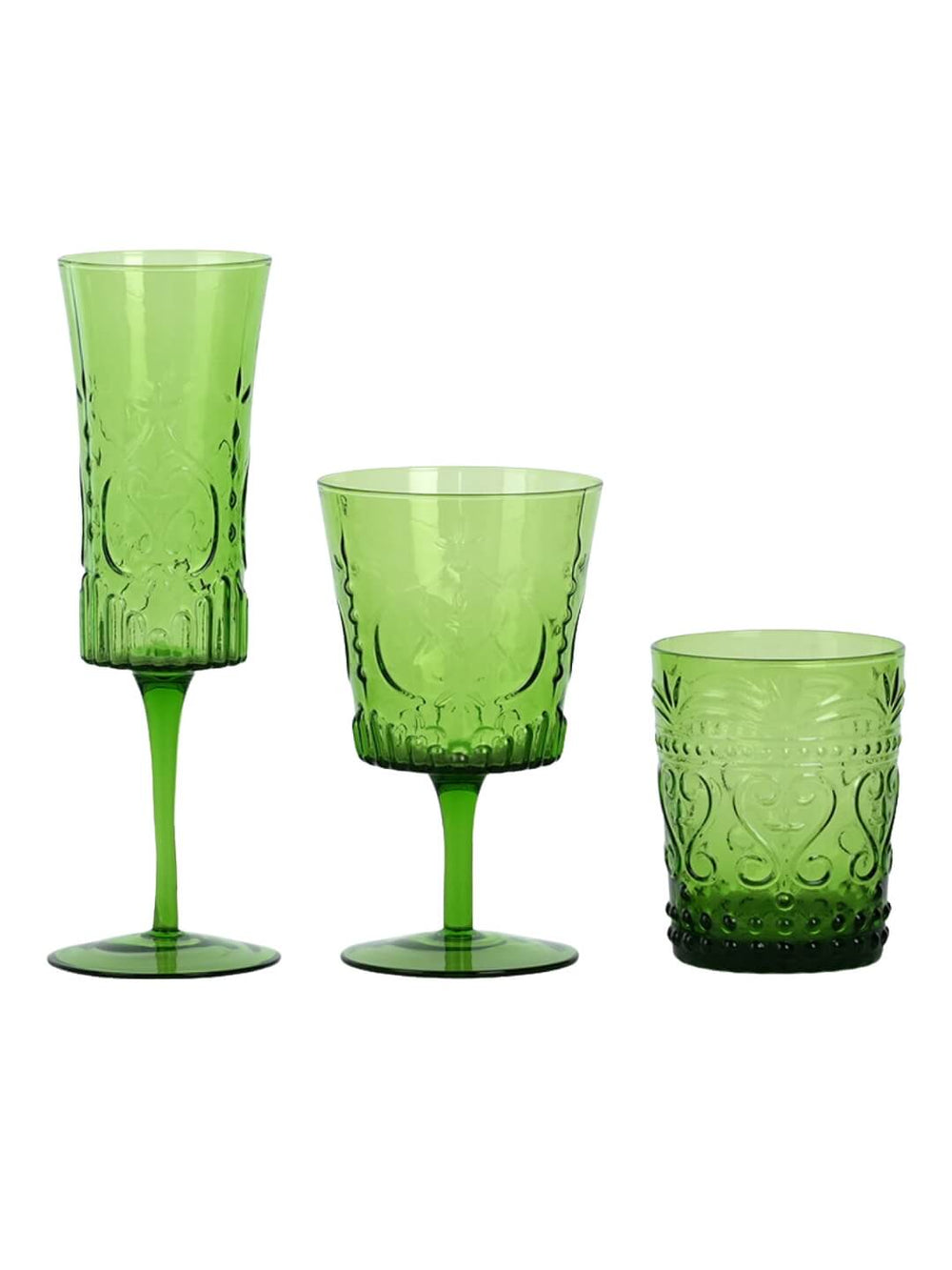 Three embossed goblets from the Nola Green Glassware Range, each with unique heights and shapes, are arranged on a white background. Their ornate vintage patterns make them ideal for adding charm to rustic wedding decor.