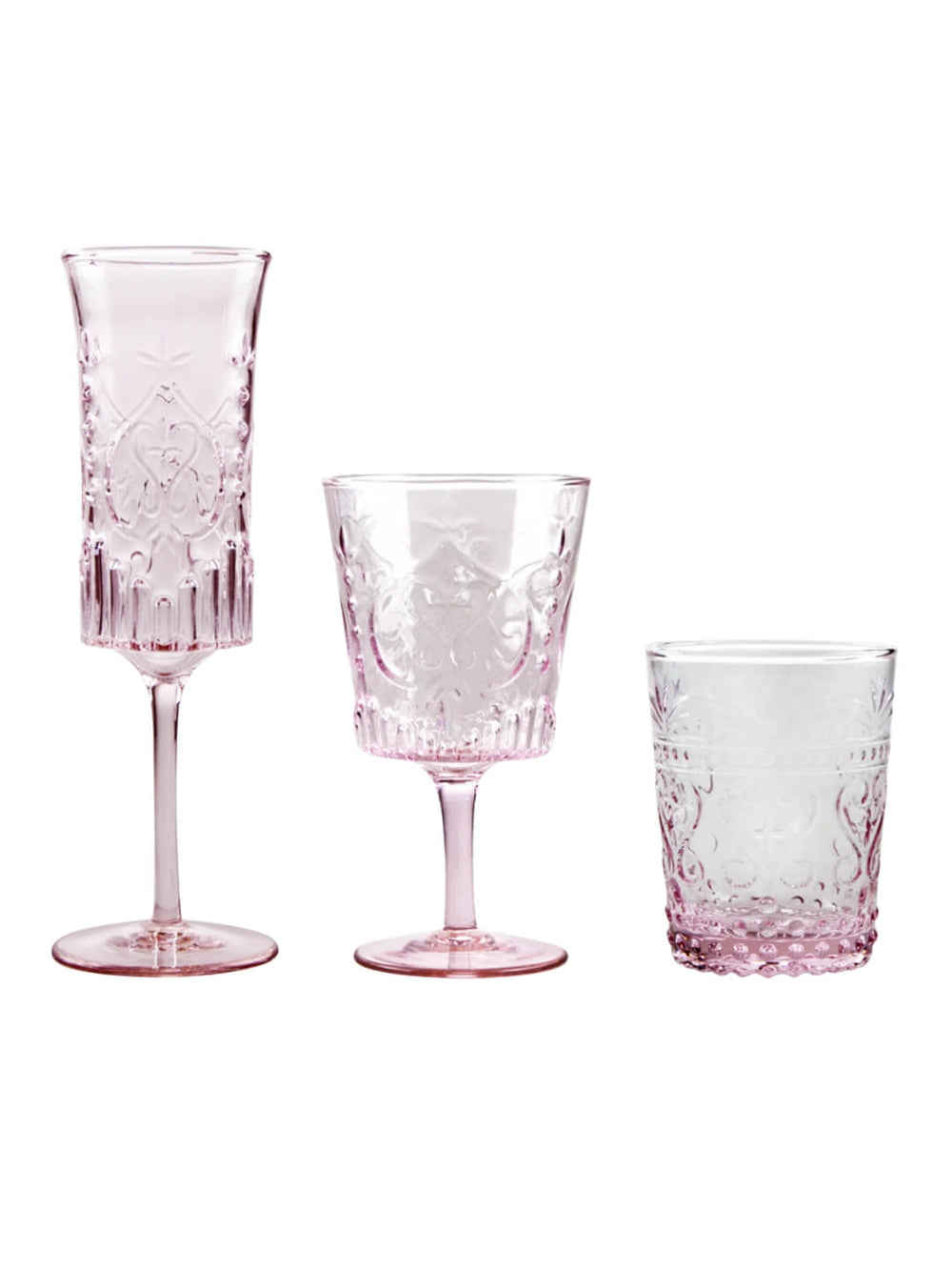 The Nola Pink Glassware Range includes three vintage-style glasses—a tall flute, medium goblet, and short tumbler—all with ornate embossed patterns, perfect for enhancing any pink glassware collection.