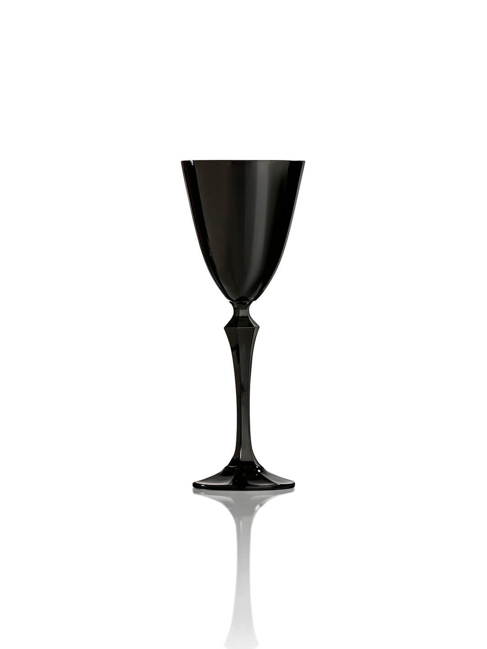 An Onyx Glassware Range black wine glass with a smooth, glossy finish stands upright on a reflective white surface, its subtle mirror image beneath. The pure white background accentuates the elegance of this luxury glassware piece.
