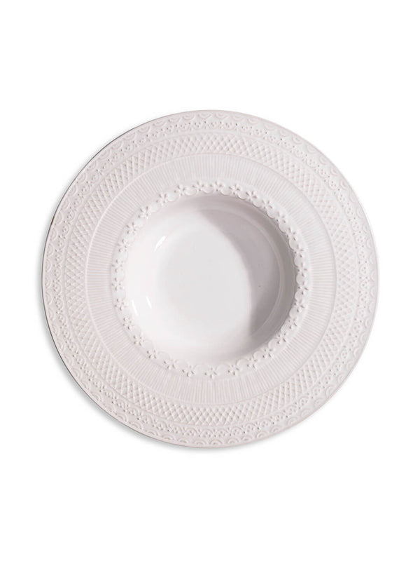 An Opaline Plate Range charger plate, white with a wide, ornate rim and intricate embossed floral designs, viewed from above on a plain background—ideal for an elegant table setting.