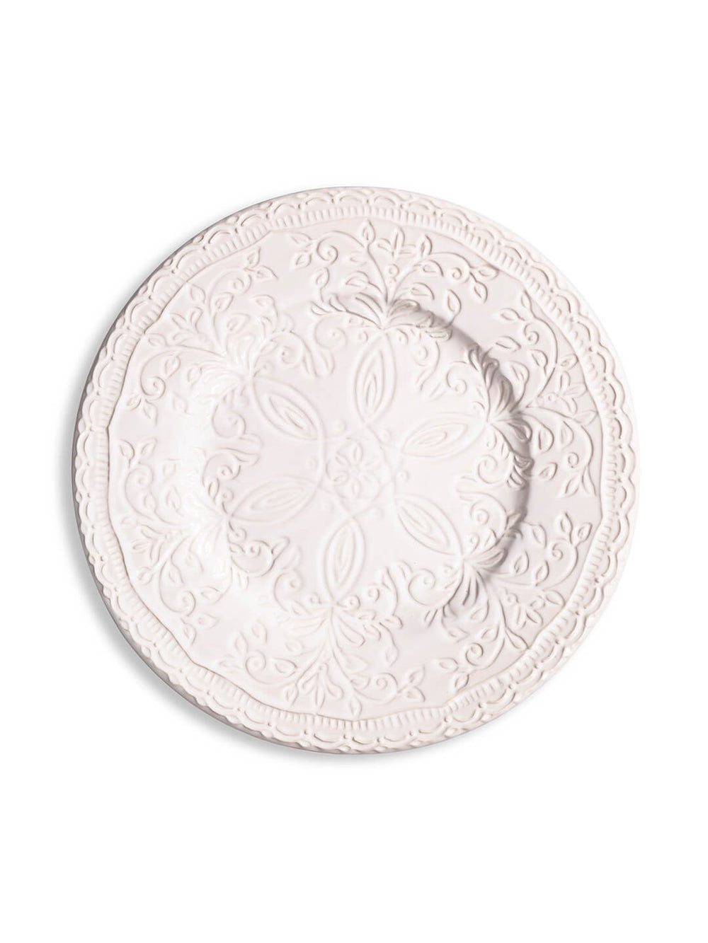The Opaline Plate Range includes four ivory-white charger plates in graduating sizes, featuring embossed patterns and scalloped edges—ideal for creating an elegant table setting.