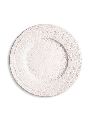 The Opaline Plate Range features an ivory-white charger with ornate embossed floral and scrollwork details, ideal for an elegant table setting. Displayed on a plain white background.