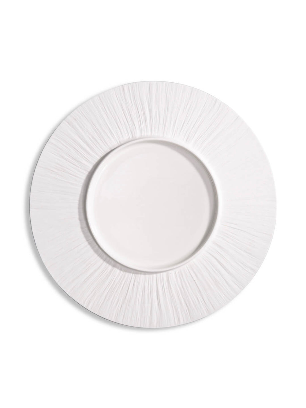 A round, white dinner plate from the Pandore Plate Range features a textured, radiating rim and embossed matte finish, shown from above on a white background.
