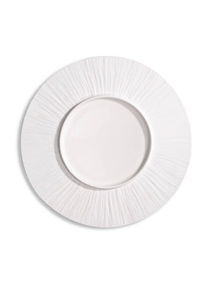 The Pandore Plate Range offers a round, white porcelain minimalist plate with a textured radiating pattern on its wide rim and an embossed matte finish, displayed against a plain white background.