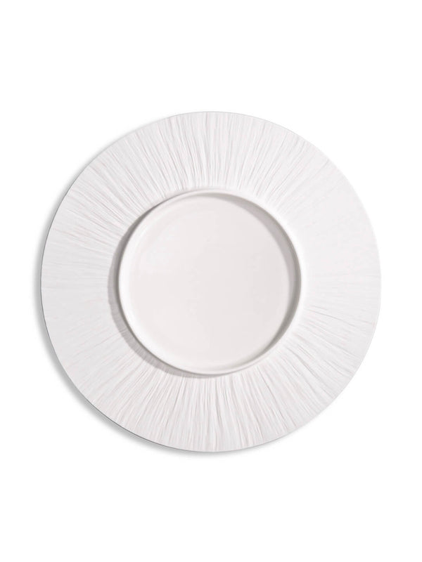 The Pandore Plate Range offers a round, white porcelain minimalist plate with a textured radiating pattern on its wide rim and an embossed matte finish, displayed against a plain white background.