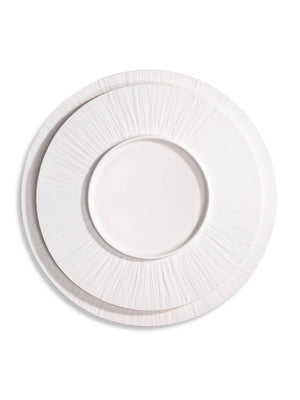 A round, white dinner plate from the Pandore Plate Range features a textured, radiating rim and embossed matte finish, shown from above on a white background.