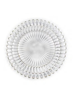 The Petra Plate Range features round, fine glass plates with a petal-like textured pattern radiating from the center, bringing modern elegance and a stylized flower look to your table.
