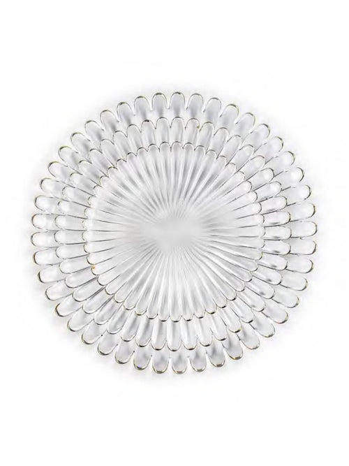 The Petra Plate Range features round, fine glass plates with a petal-like textured pattern radiating from the center, bringing modern elegance and a stylized flower look to your table.