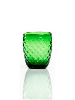 The Prisma Green Tumbler features textured green glass with a diamond pattern, bringing nature-inspired style to your table. Shown on a reflective white surface against a plain white background.