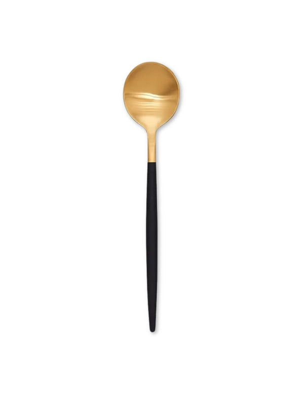 This gold spoon from the Raven Cutlery Range features a round bowl and a long, slender black handle, reflecting modern luxury tableware, displayed on a white background.