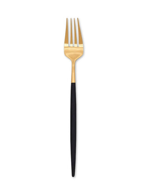 A gold fork with a matte black handle from the Raven Cutlery Range is shown on a white background‚Äîideal for anyone looking for modern luxury tableware.