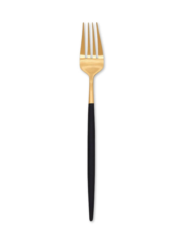 A gold fork with a matte black handle from the Raven Cutlery Range is shown on a white background‚Äîideal for anyone looking for modern luxury tableware.