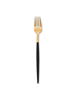 A gold fork from the Raven Cutlery Range, featuring a matte black handle and sleek modern design with four tines, is centered on a white background to showcase its luxury tableware style.